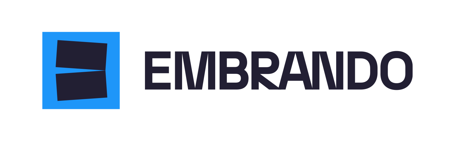 Embrando logo with a blue square and two black slanted rectangles, and the word 'EMBRANDO' in black.