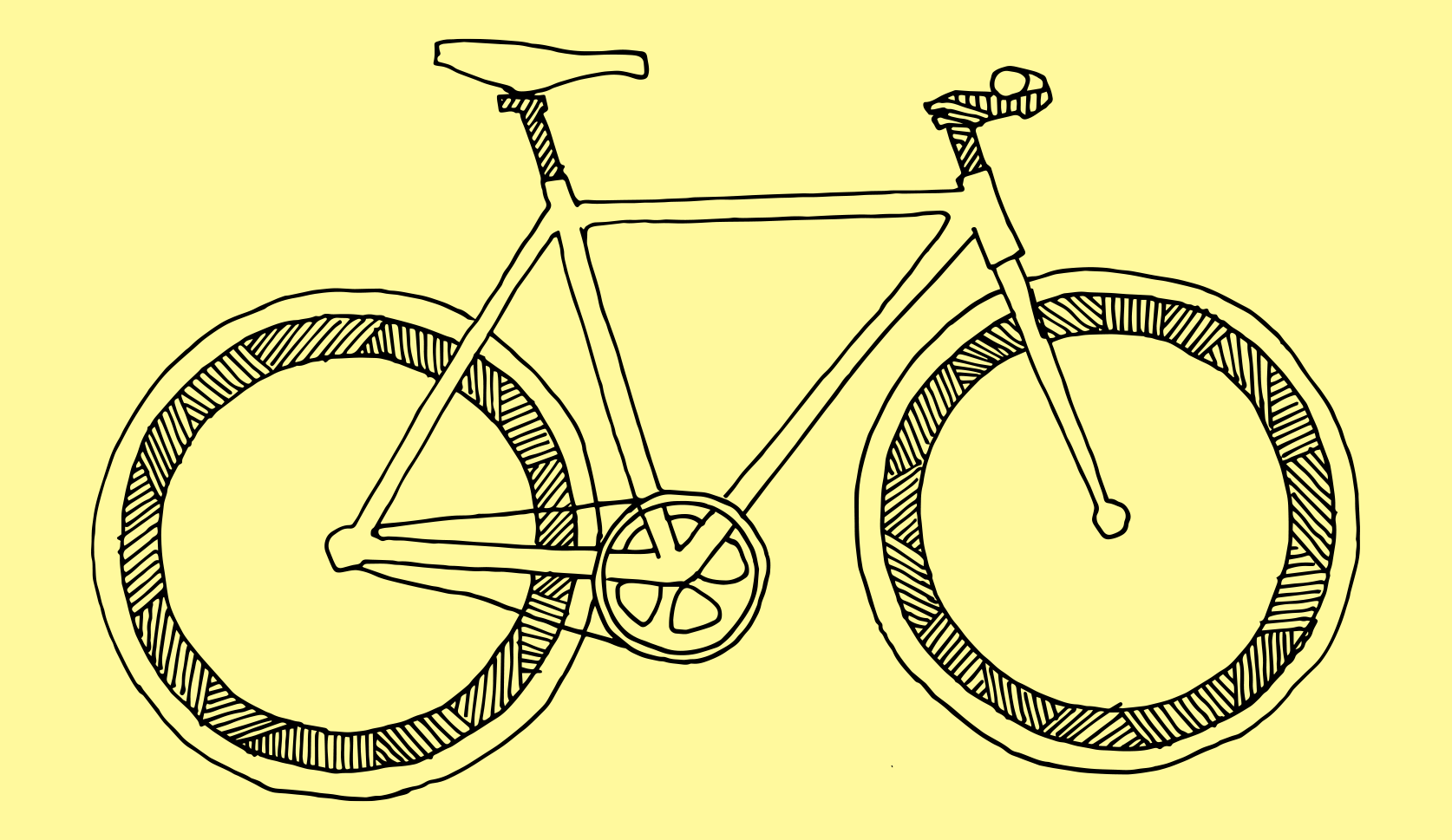 Line drawing of a bicycle with thick wheels on a yellow background.