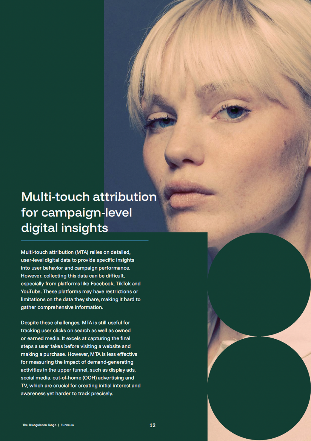 A woman with blonde hair and blue eyes looking to the side, with text discussing multi-touch attribution for digital insights.