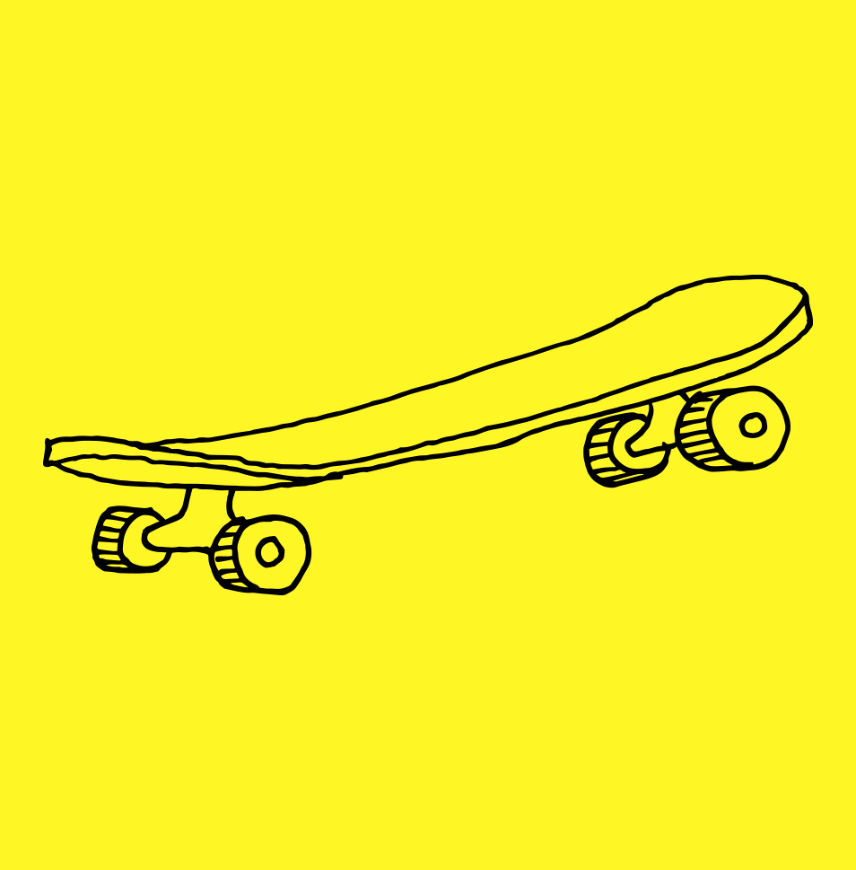 A simple black line drawing of a skateboard on a yellow background.