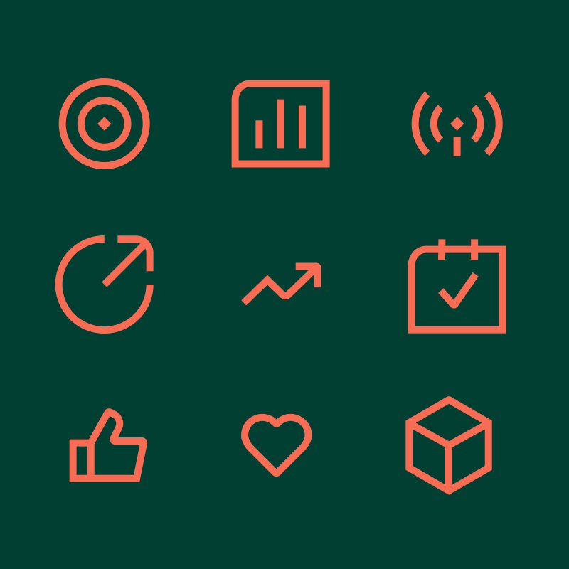 Nine line icons related to data, analysis, and social media arranged in a 3x3 grid on a dark background