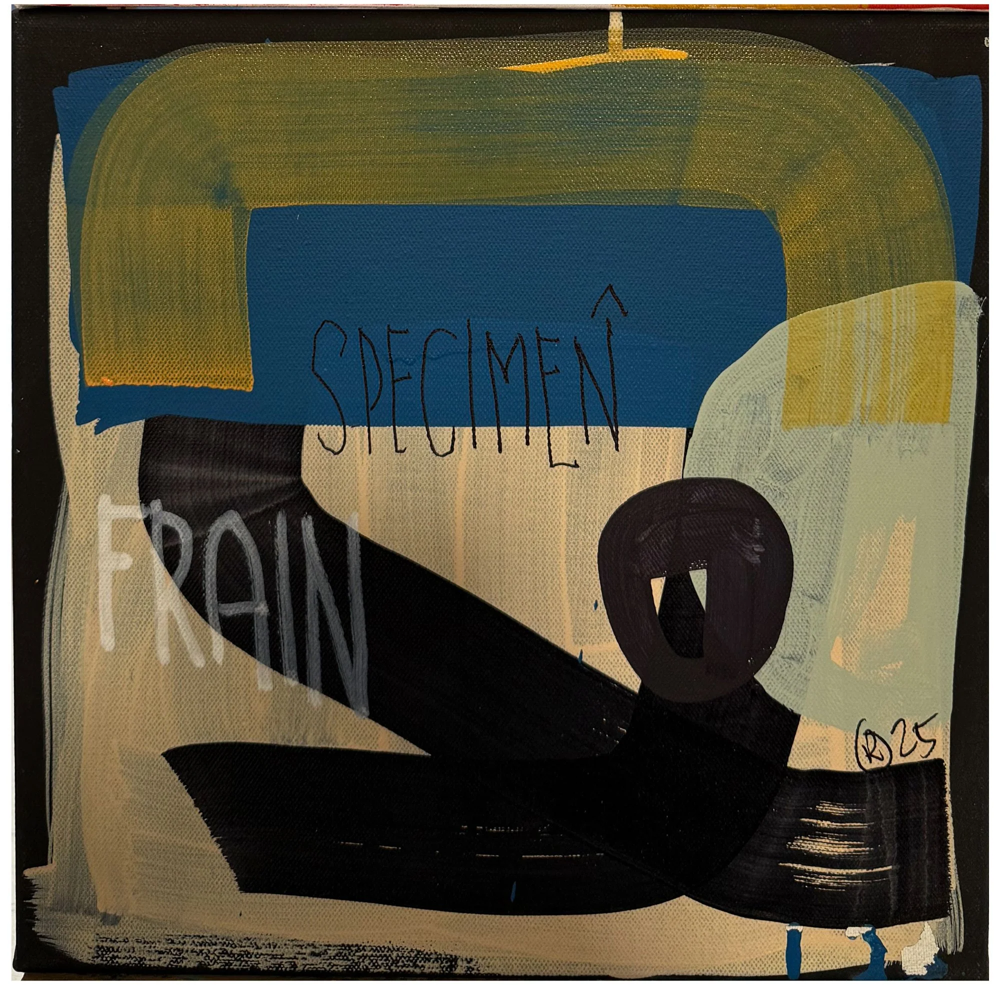 Abstract painting with overlapping shapes and colors including blue, yellow, black, and white, with the words 'SPECIMEN' and 'FREIN' written on the surface.