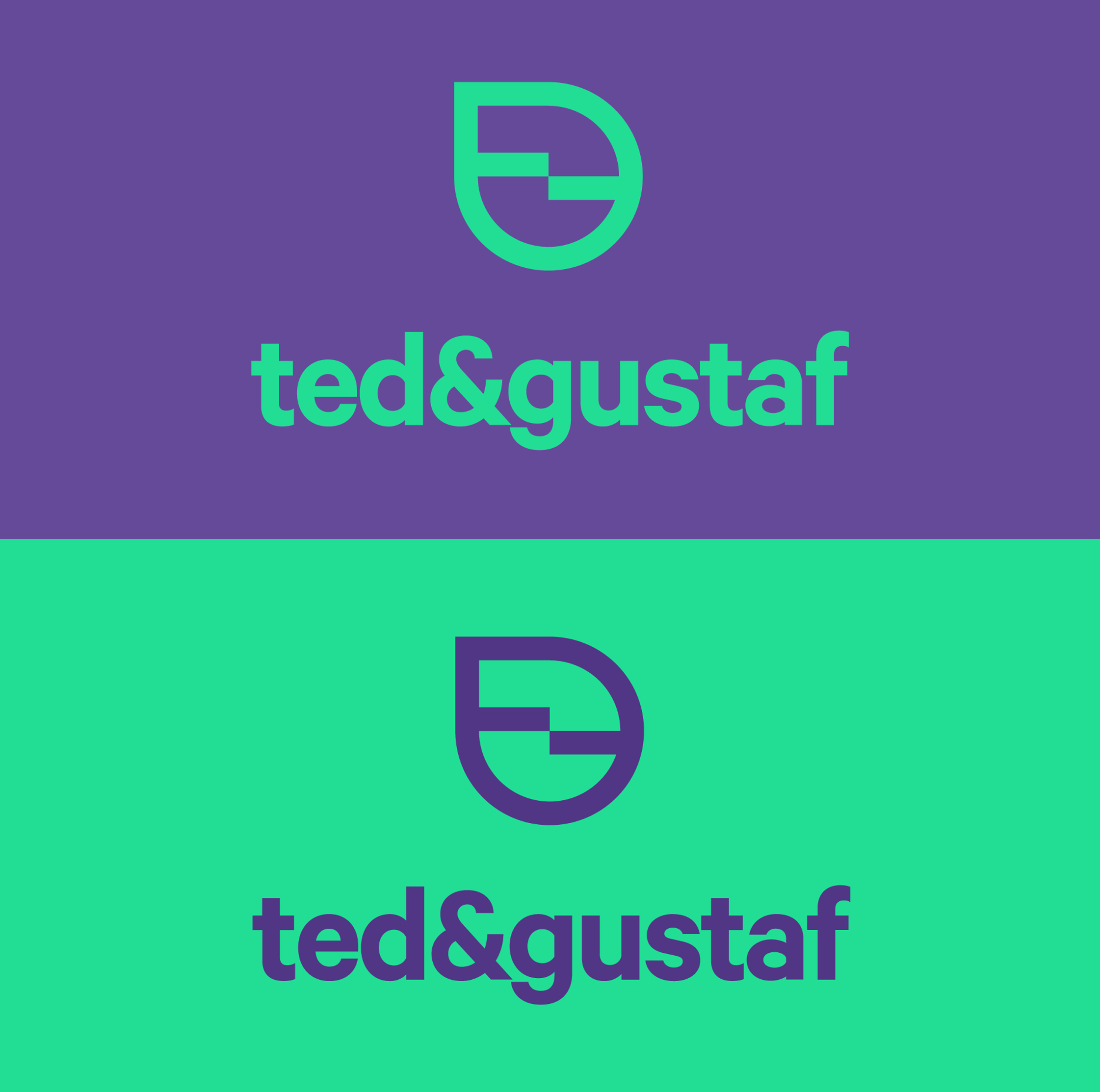 Logo for Ted & Gustaf with a stylized drop icon and the text 'ted&gustaf' in lowercase, set against purple and green backgrounds.