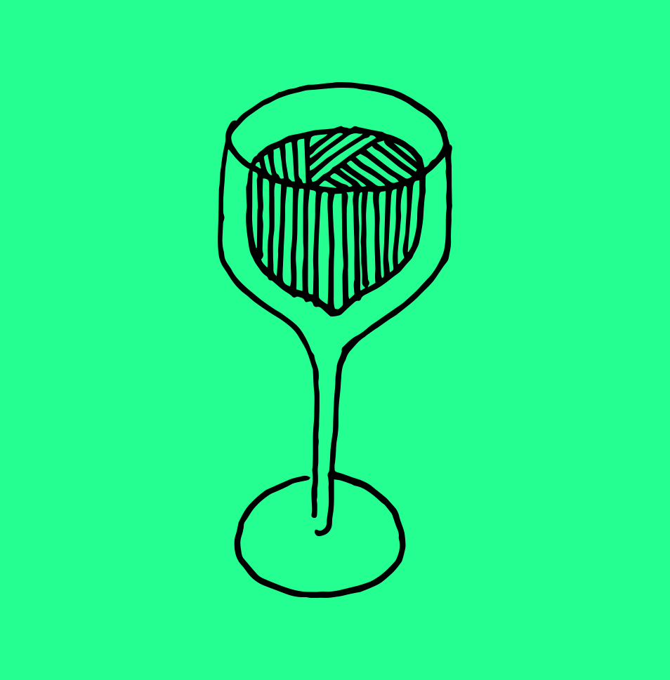 Black line drawing of a wine glass with a textured, striped interior, set against a bright green background.