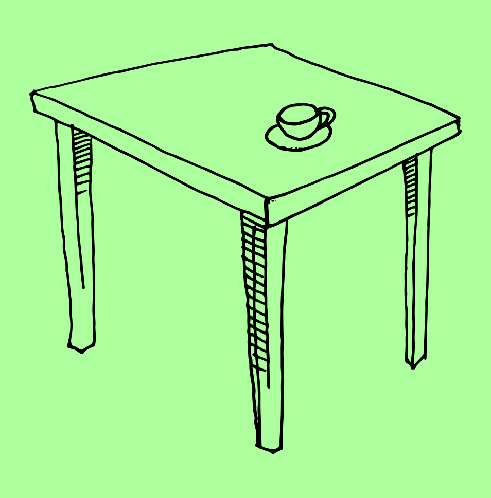 Line drawing of a simple table with a cup and saucer on top, set against a light green background.