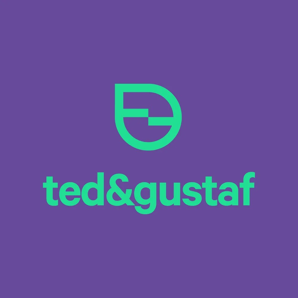 The image features a purple background with a green logo resembling a stylized tea leaf or droplet and the text 'ted&gustaf' in green below it.