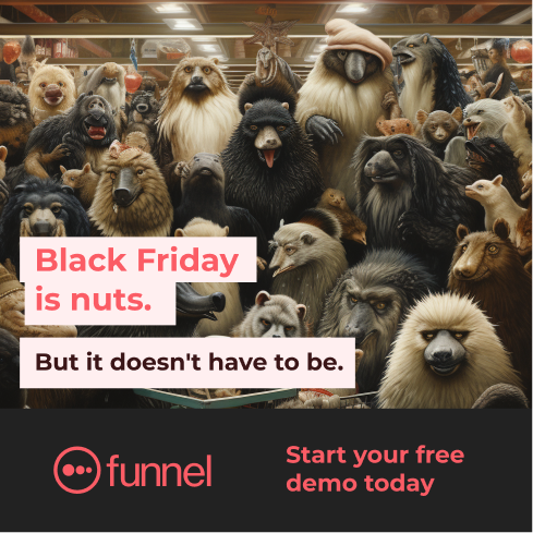A collection of various stuffed animals, including bears, wolves, and raccoons, with text overlay promoting Black Friday deals from Funnel.