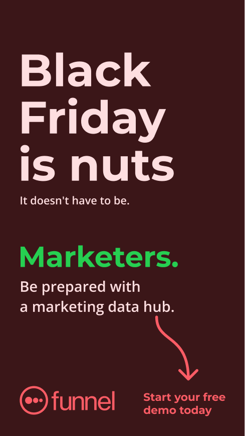 Dark background with light pink, green, and pink text about Black Friday marketing, featuring a Funnel logo and a call to action to start a free demo.