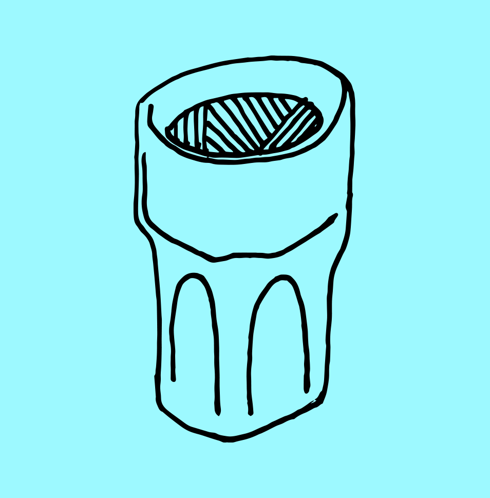 A simple black line drawing of a salt shaker on a light blue background.