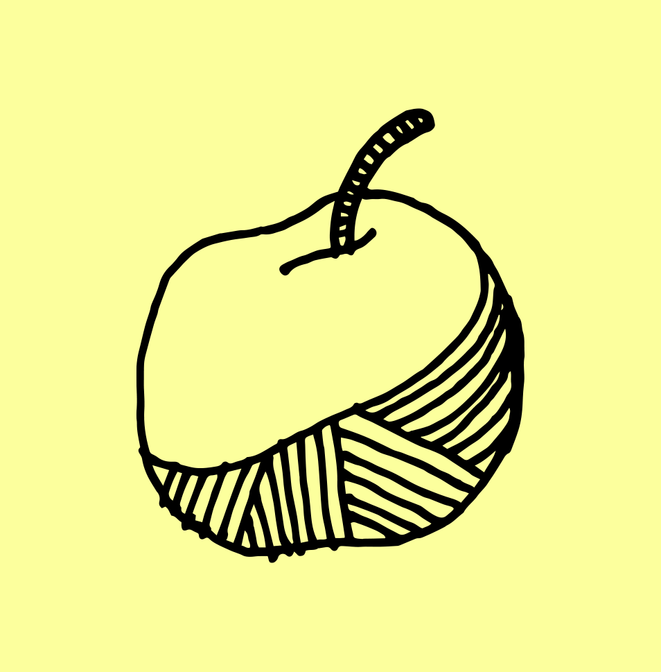 A simple line drawing of an apple with a sectioned pattern on the lower half, against a yellow background.