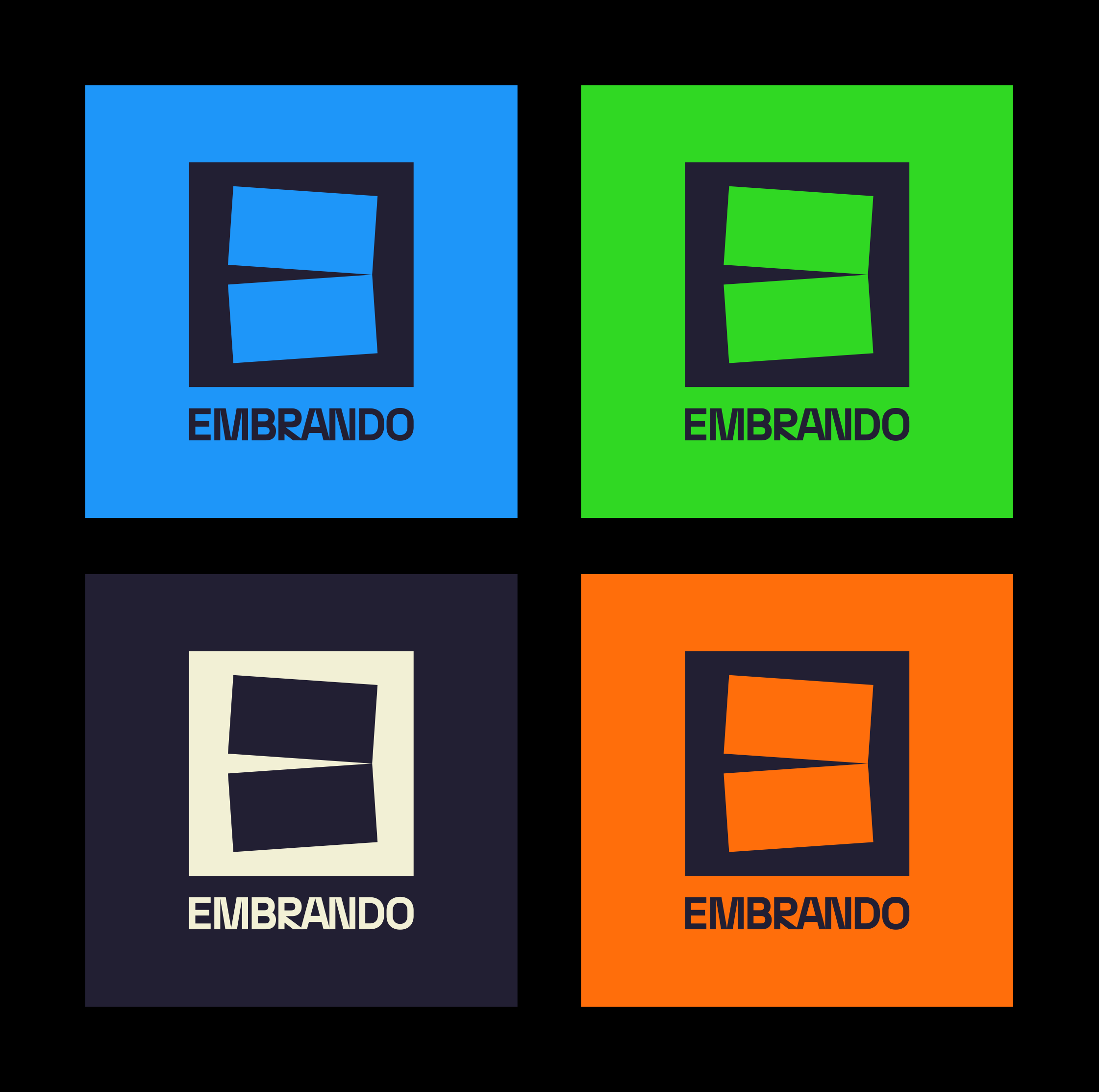 Four colorful squares featuring the word 'EMBRANDO' and a stylized logo of a distorted rectangle, with each square in a different vibrant color: blue, green, cream, and orange.