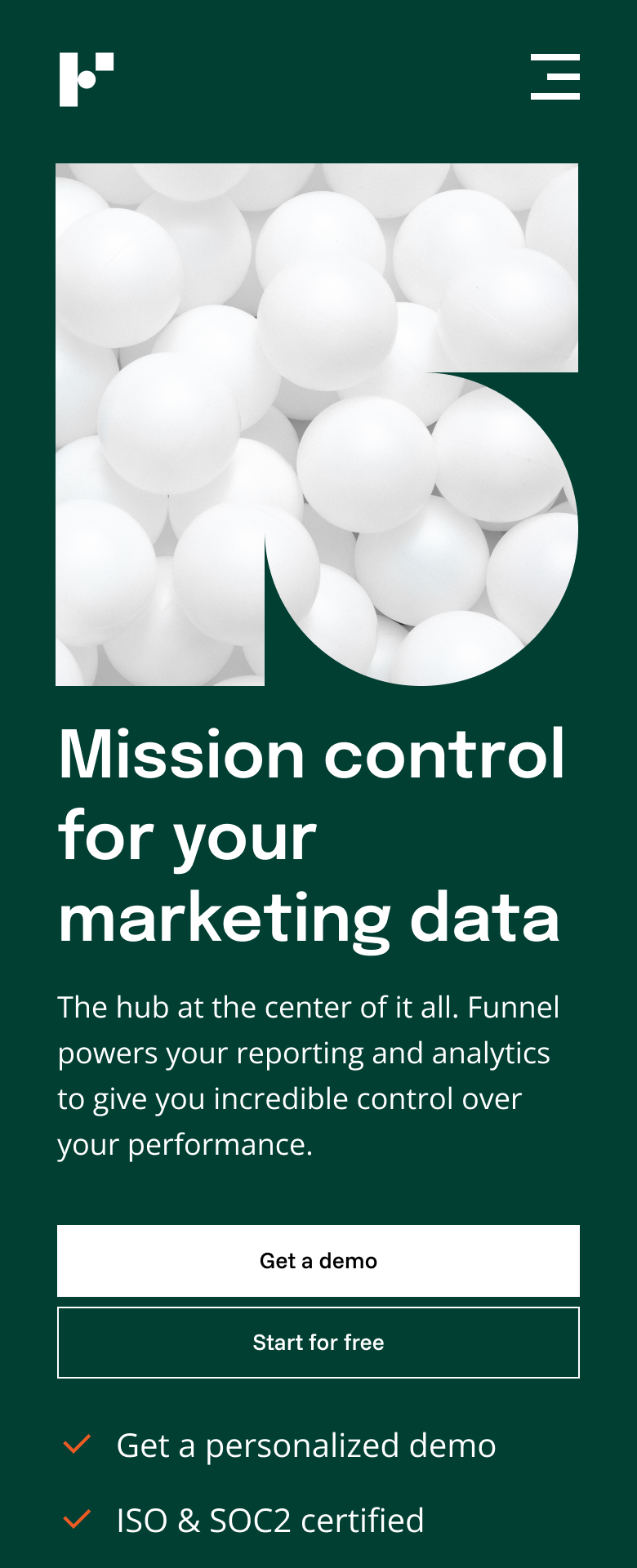 A marketing data platform advertisement featuring a background of white balls and text promoting mission control for marketing data management.