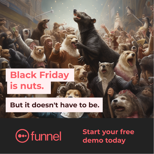 A busy scene with various dogs dressed in costumes and clothing, resembling humans, in a city square with a building in the background. The scene is lively with dogs appearing to celebrate or protest, accompanied by social media style text about Black Friday sales and a funnel company advertisement.