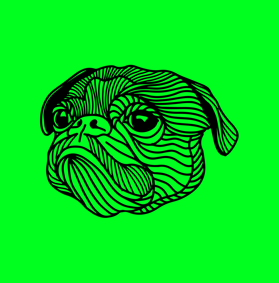 Illustration of a dog's face with a line art style on a bright green background.