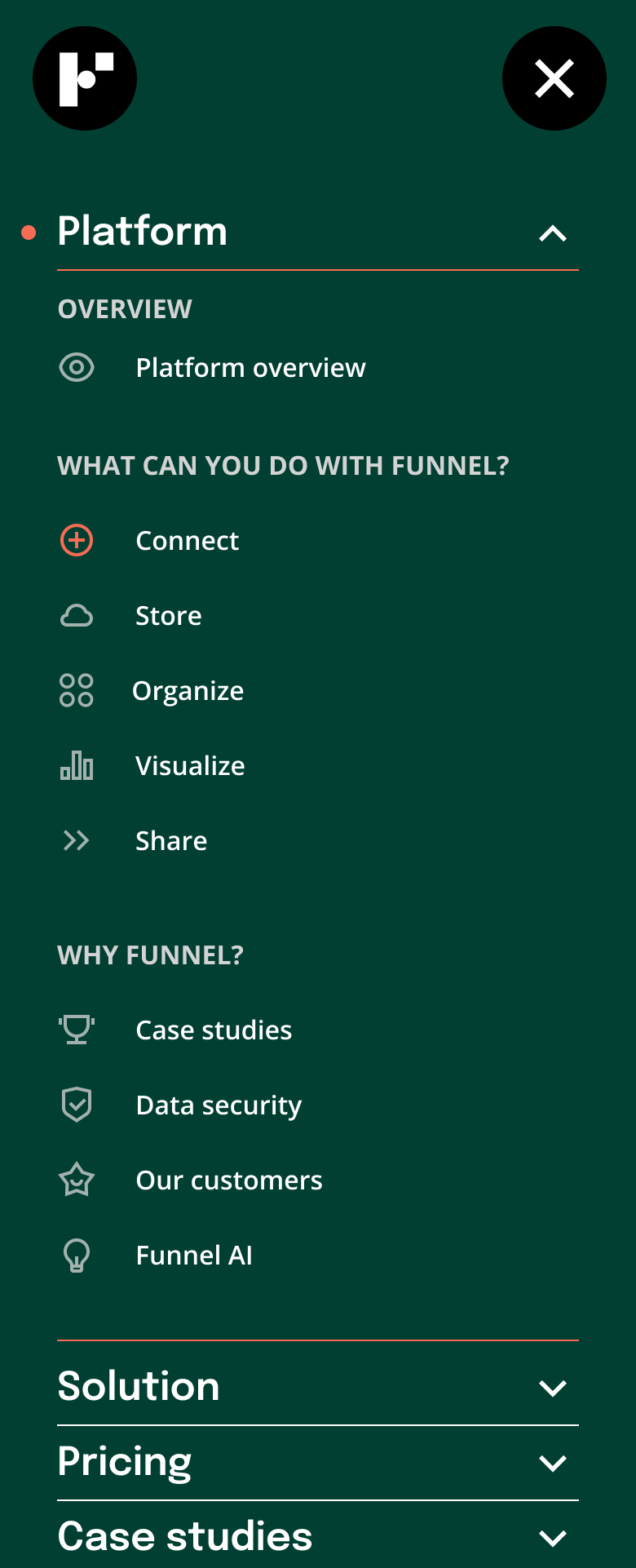 Screenshot of a digital platform menu with sections for Overview, What can you do with Funnel?, Why Funnel?, and Solution, Pricing, and Case studies.