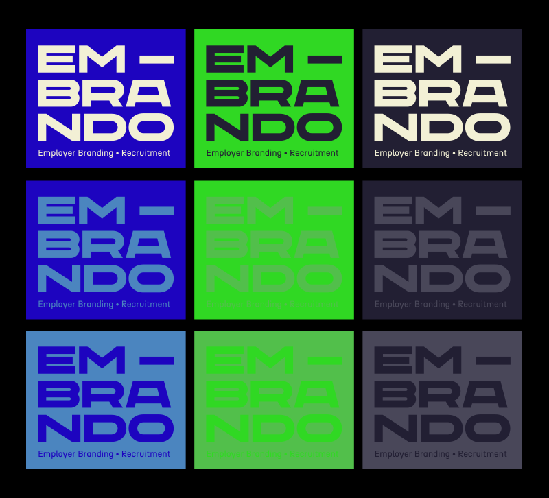 Six colored panels with the word "EMBRANDO" and the phrase "Employer Branding · Recruitment" below, each in different color schemes.