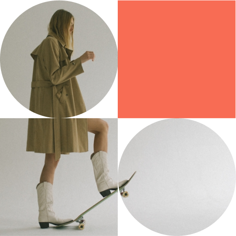 Person in tan coat and white boots skateboarding against a background with abstract shapes and muted colors.