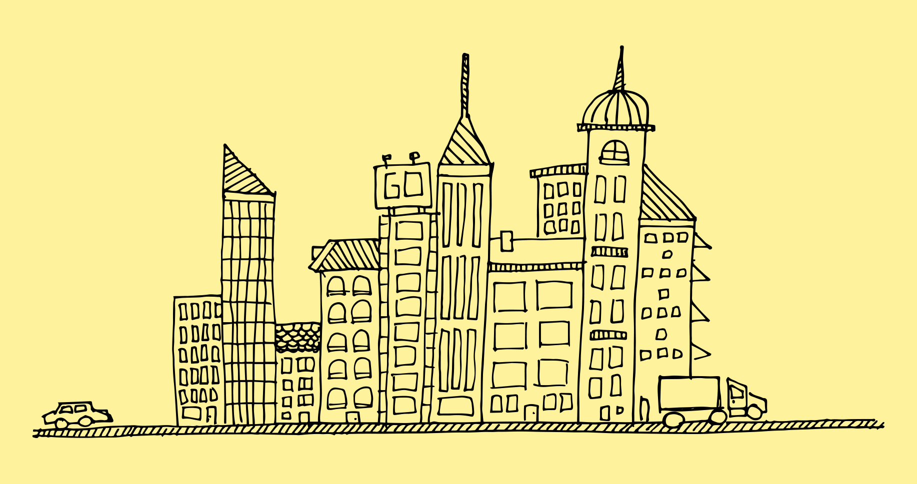 A black line drawing of a city skyline with tall buildings, a car, and a truck on a horizontal surface, against a light yellow background.