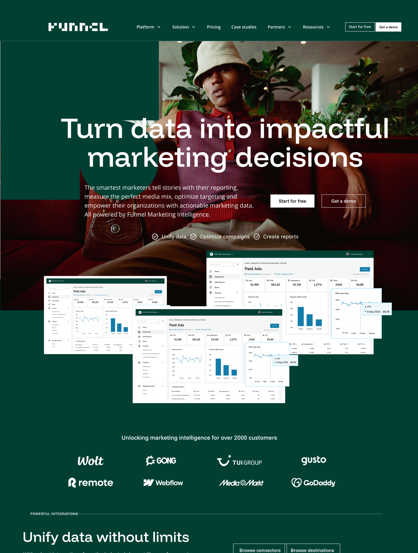 A marketing website homepage for Funnel with a dark green background, a woman in a hat and colorful clothing sitting in a modern space, main headline 'Turn data into impactful marketing decisions', featuring screenshots of marketing analytics dashboards, with options for starting a free trial or getting a demo, and logos of partner companies at the bottom.