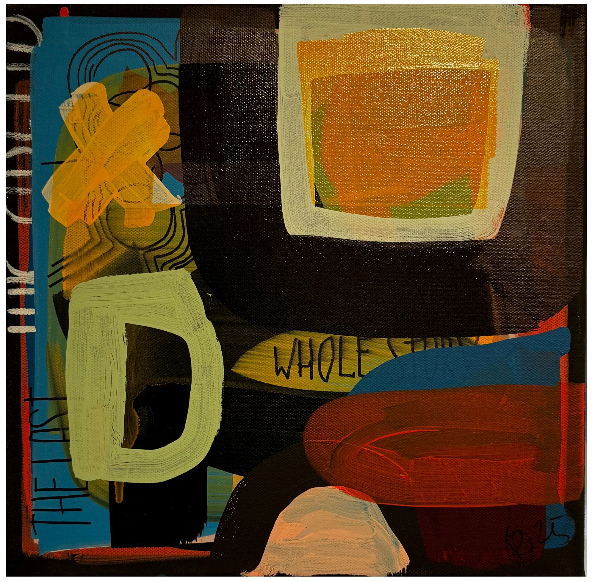 Abstract artwork featuring large painted letters 'D' and 'W' with colorful shapes and patterns, including a yellow flower and the words 'THE WHOLE GLUTEN'.