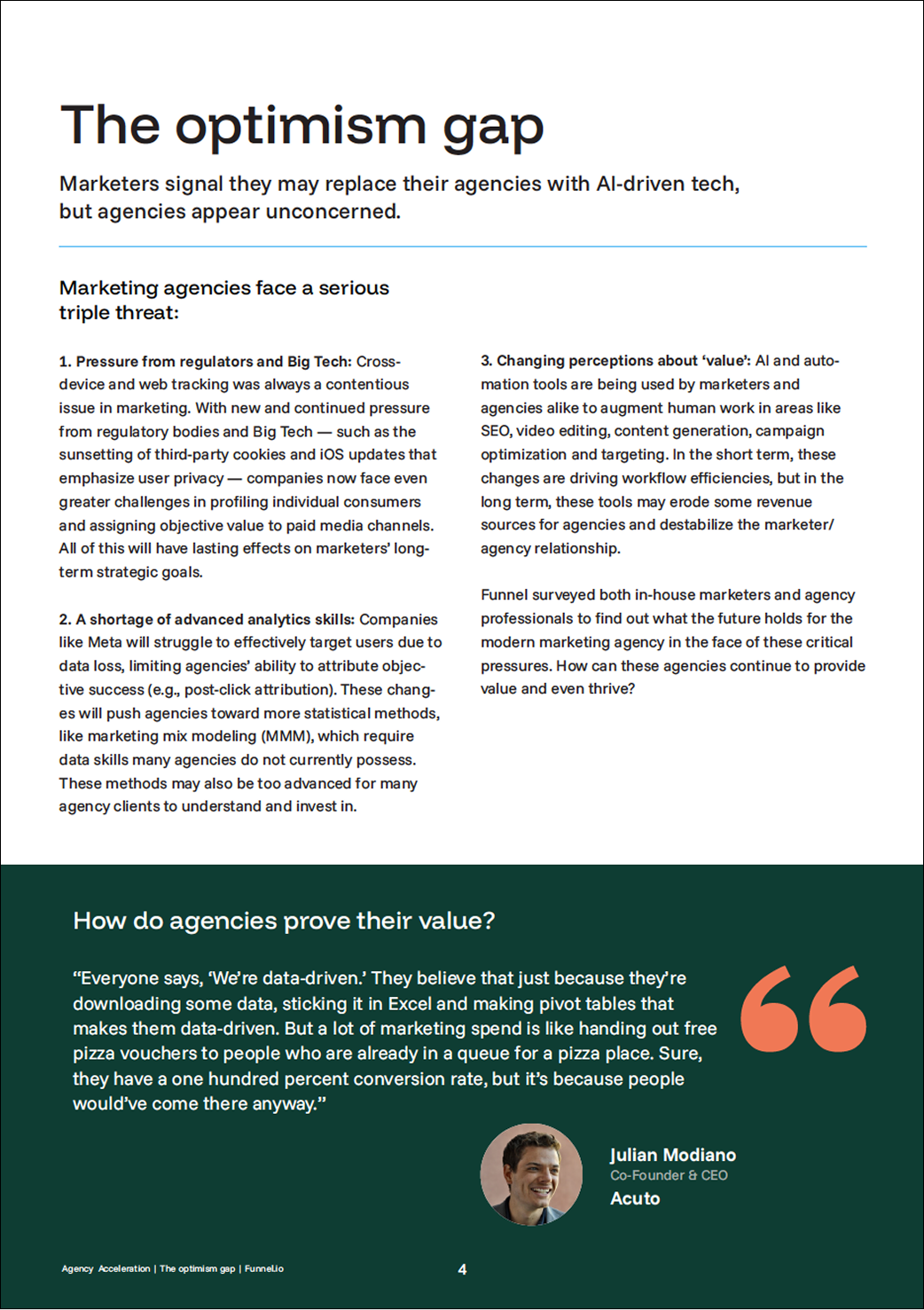 A two-column article titled 'The optimism gap' discussing marketing agencies and AI-driven technology. The lower section has a dark green background with a quote about proving agency value, a photo of Julian Modiano, and his name and title.