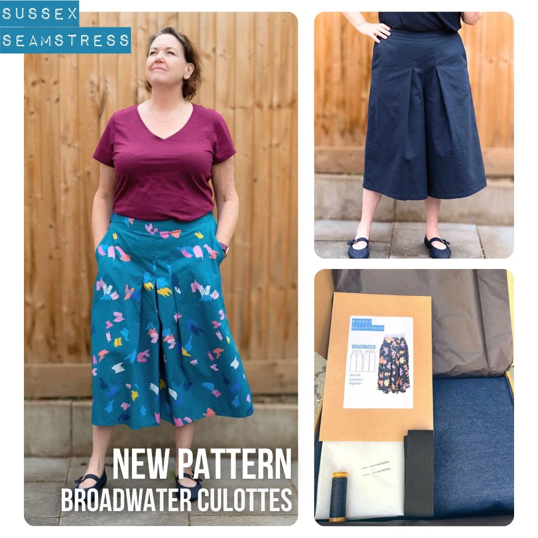 Broadwater Culottes Sewing Pattern - images of sample garments and denim sewing kit