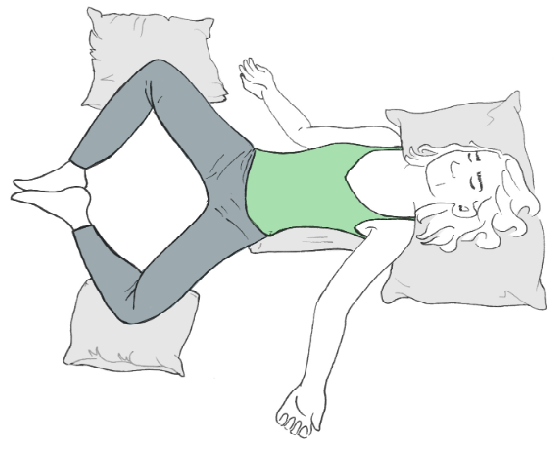 RECLINED BOUND ANGLE POSE WITH BOLSTERS To do this, lie back, place the soles of your feet together, and spread your knees wide apart. Place cushions under your knees, a bolster under your back and a pillow under your head. Ease into the pose and rest.