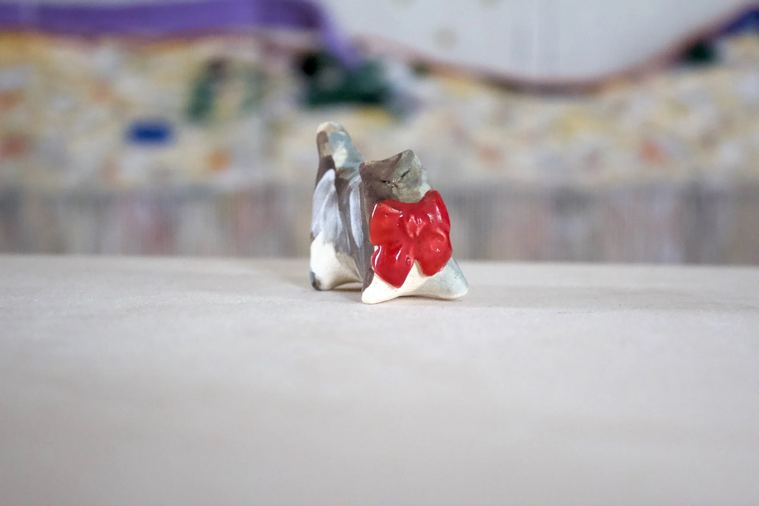 Gray Cat with Red Bow - Cat Sculpture with Food Bowl