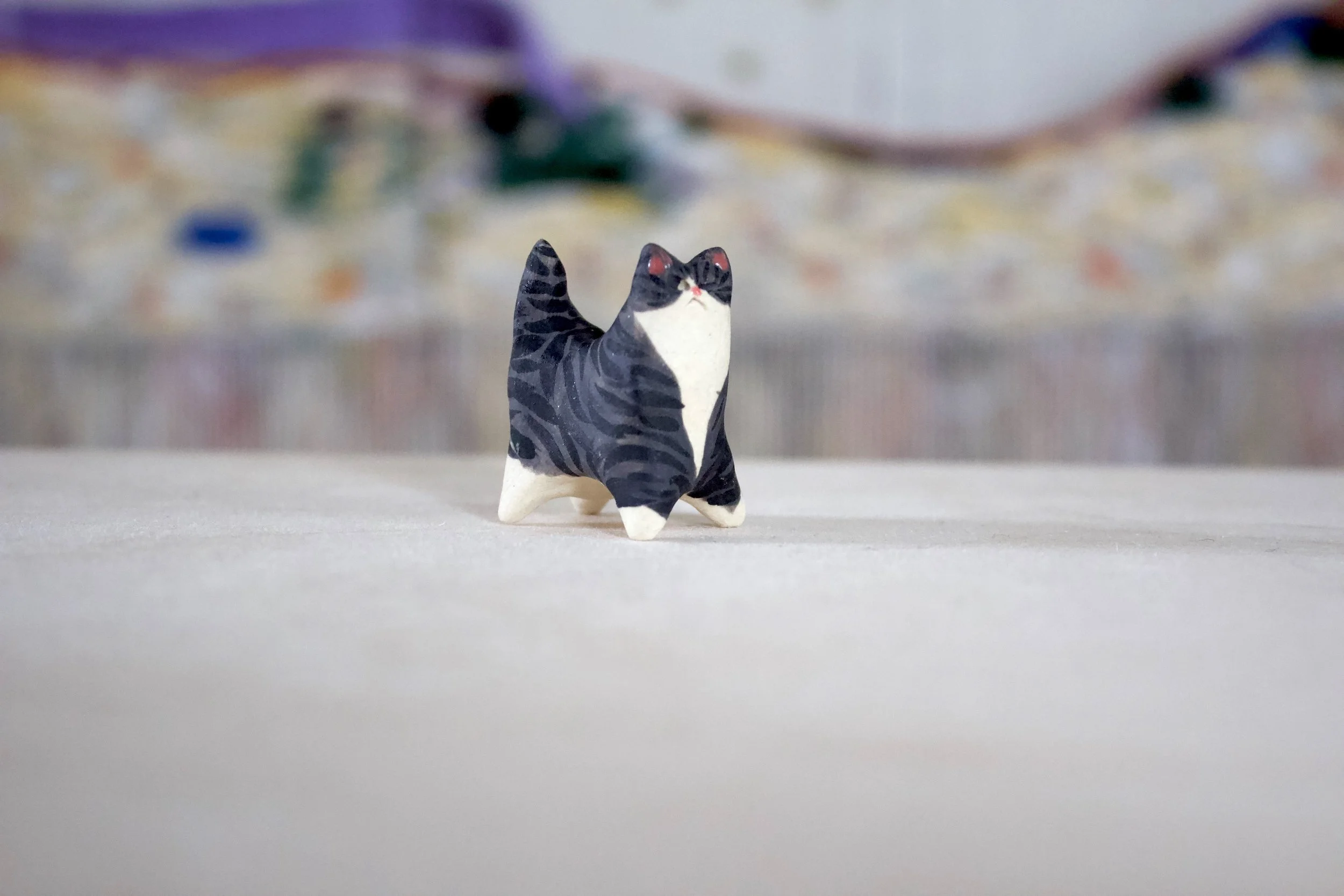 Gray Tabby Cat No. D - Classic Cat Sculpture with Food Bowl