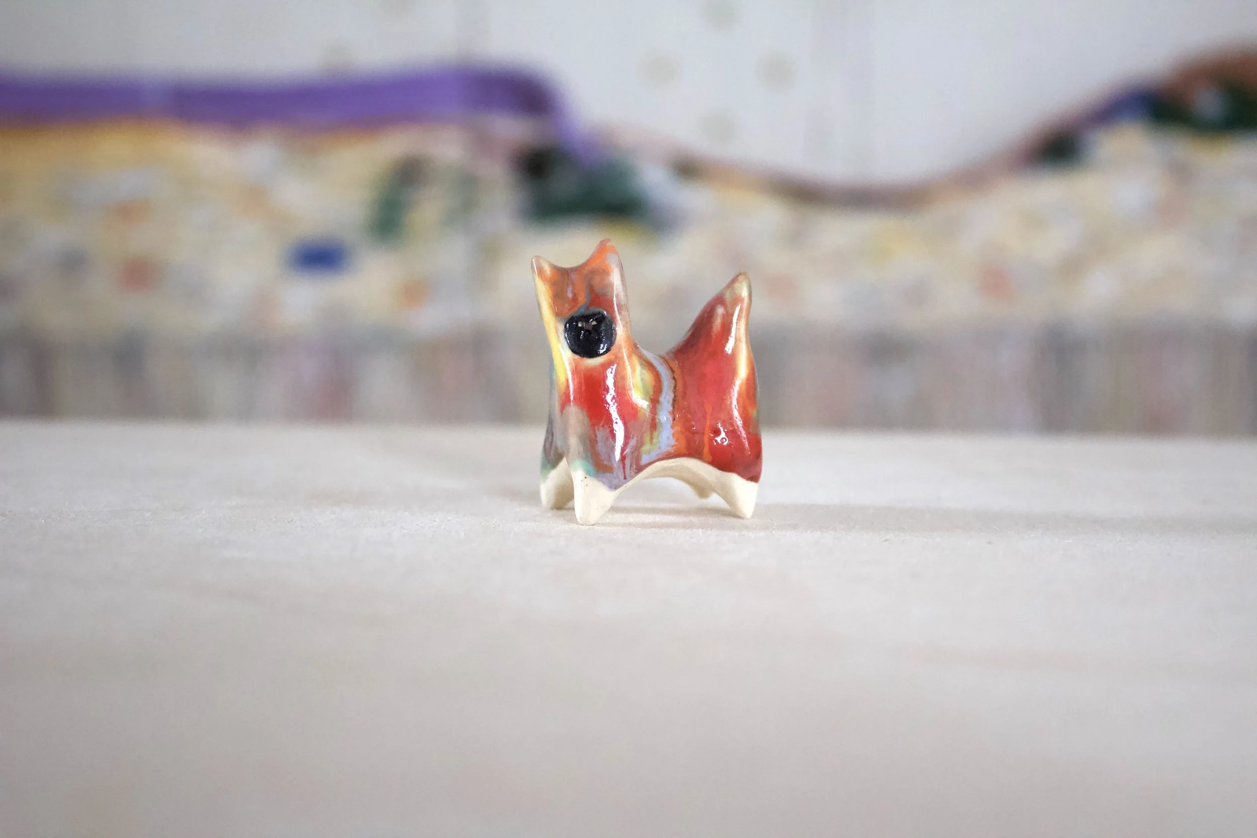 Black Cat in Goo Fox Costume - Cat Sculpture with Food Bowl