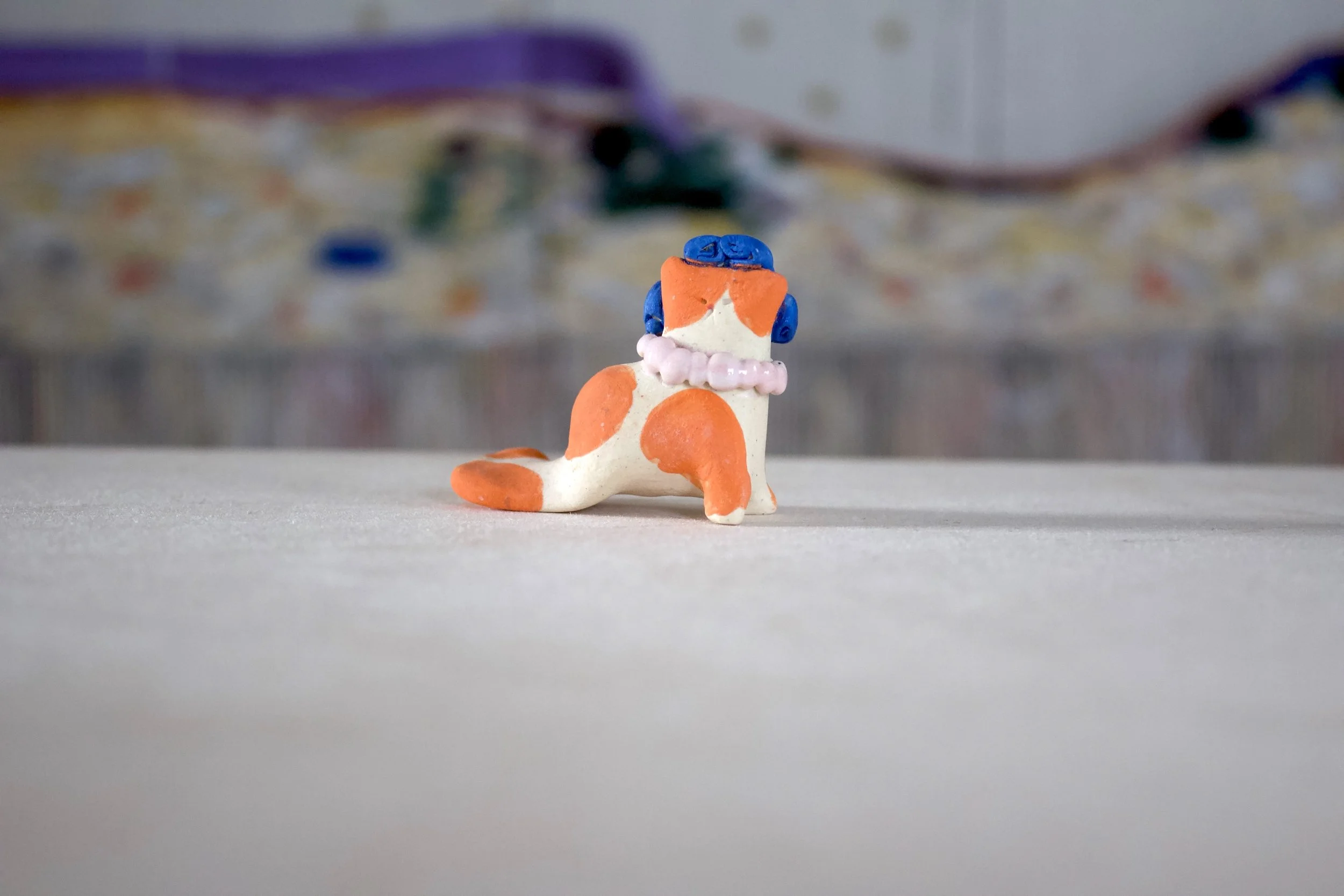 Orange & White Manatee Cat with Pearls and Curlers - Cat Sculpture with Food Bowl
