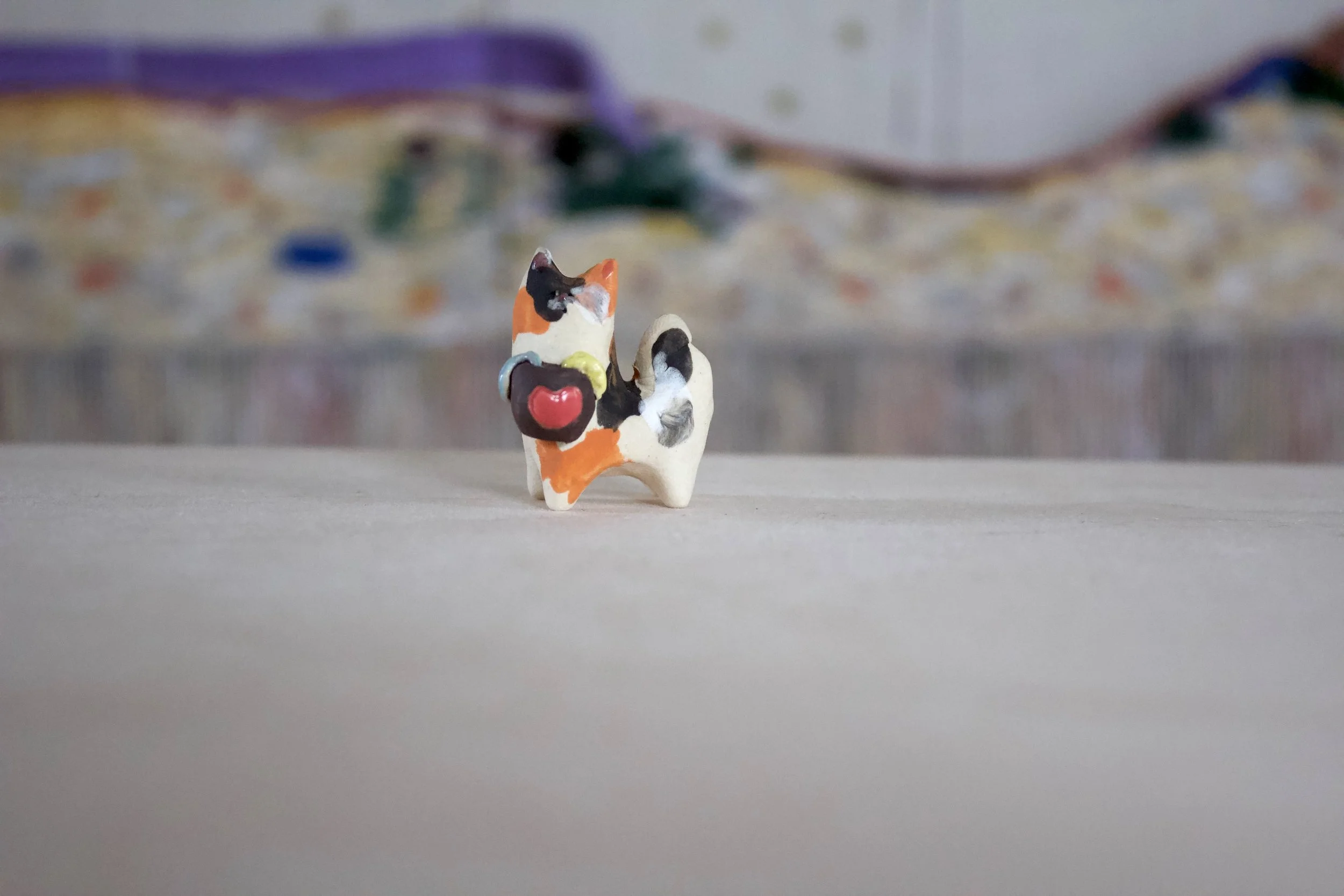 Calico Cat with Tea Mug and Lemon Wedge - Cat Sculpture with Food Bowl