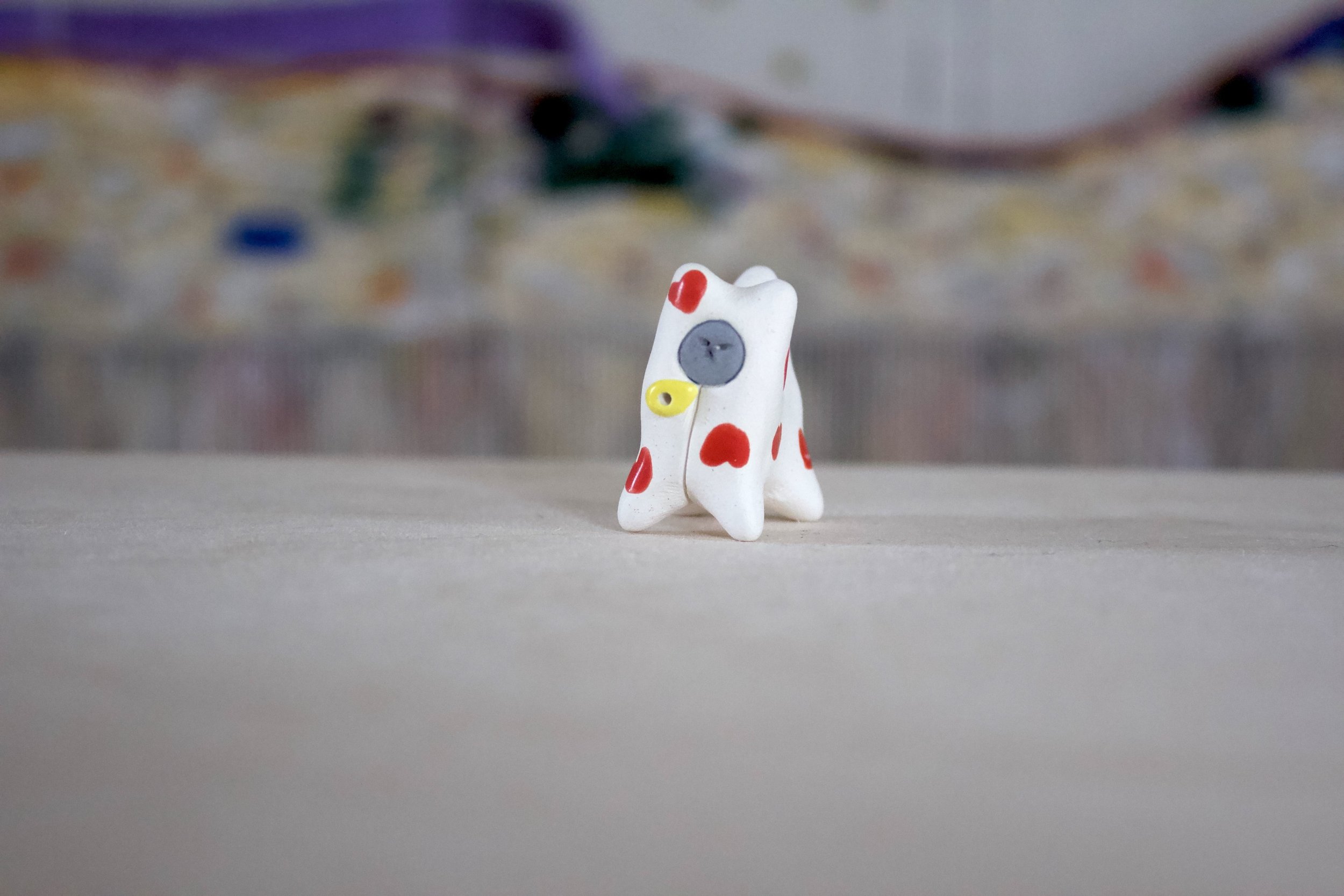 Gray Cat with Red Heart Onesie - Cat Sculpture with Food Bowl