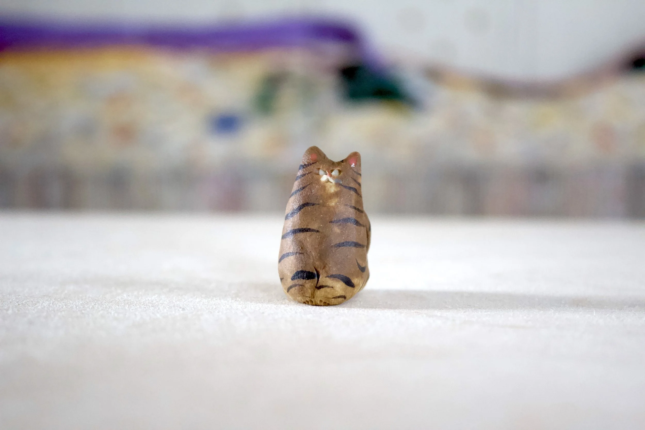 Brown Tabby Cat Sitting No. P - Classic Cat Sculpture with Food Bowl