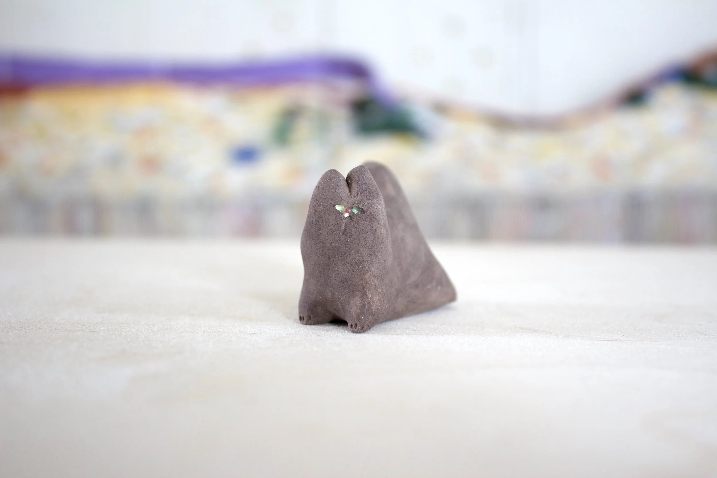 Brown Cat No. D - Classic Cat Sculpture with Food Bowl