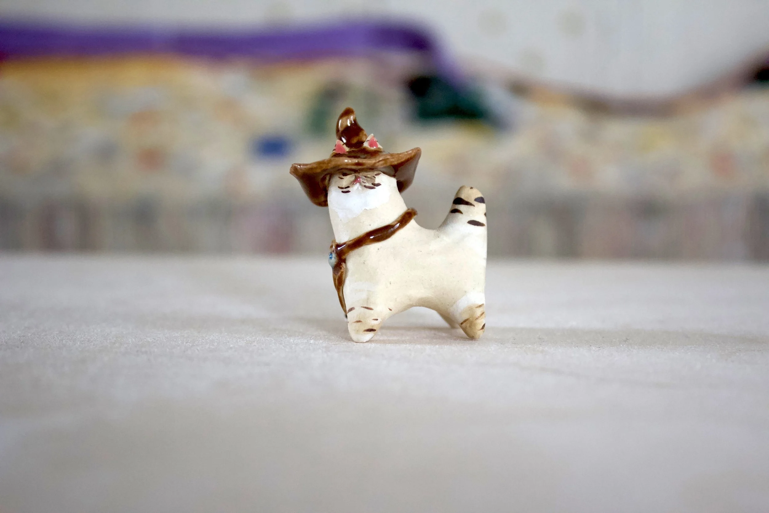 Lynx Point Western Witch Cat with Bolo Tie - Cat Sculpture with Food Bowl