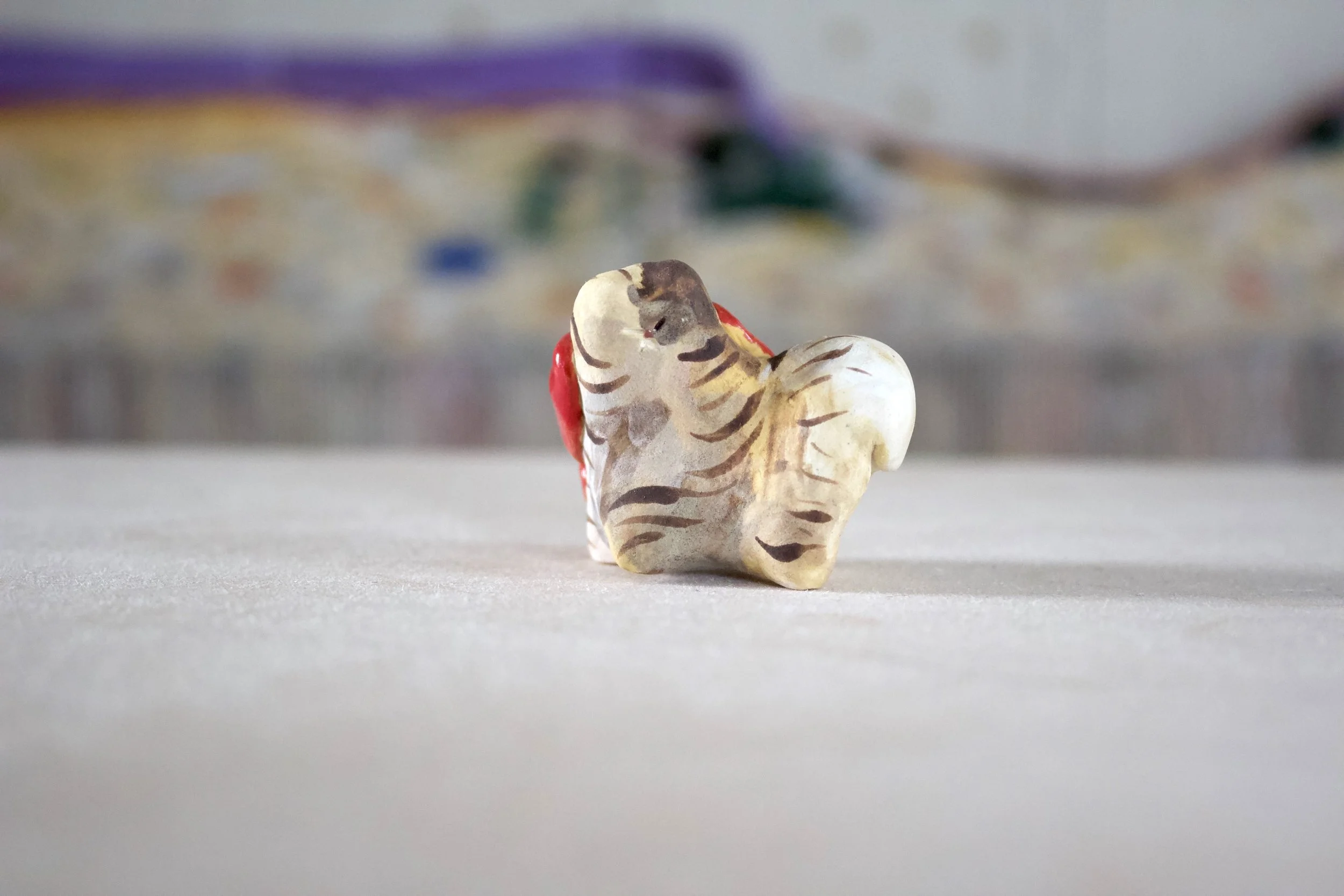 Brown Tabby Cat with Red Bow - Cat Sculpture with Food Bowl