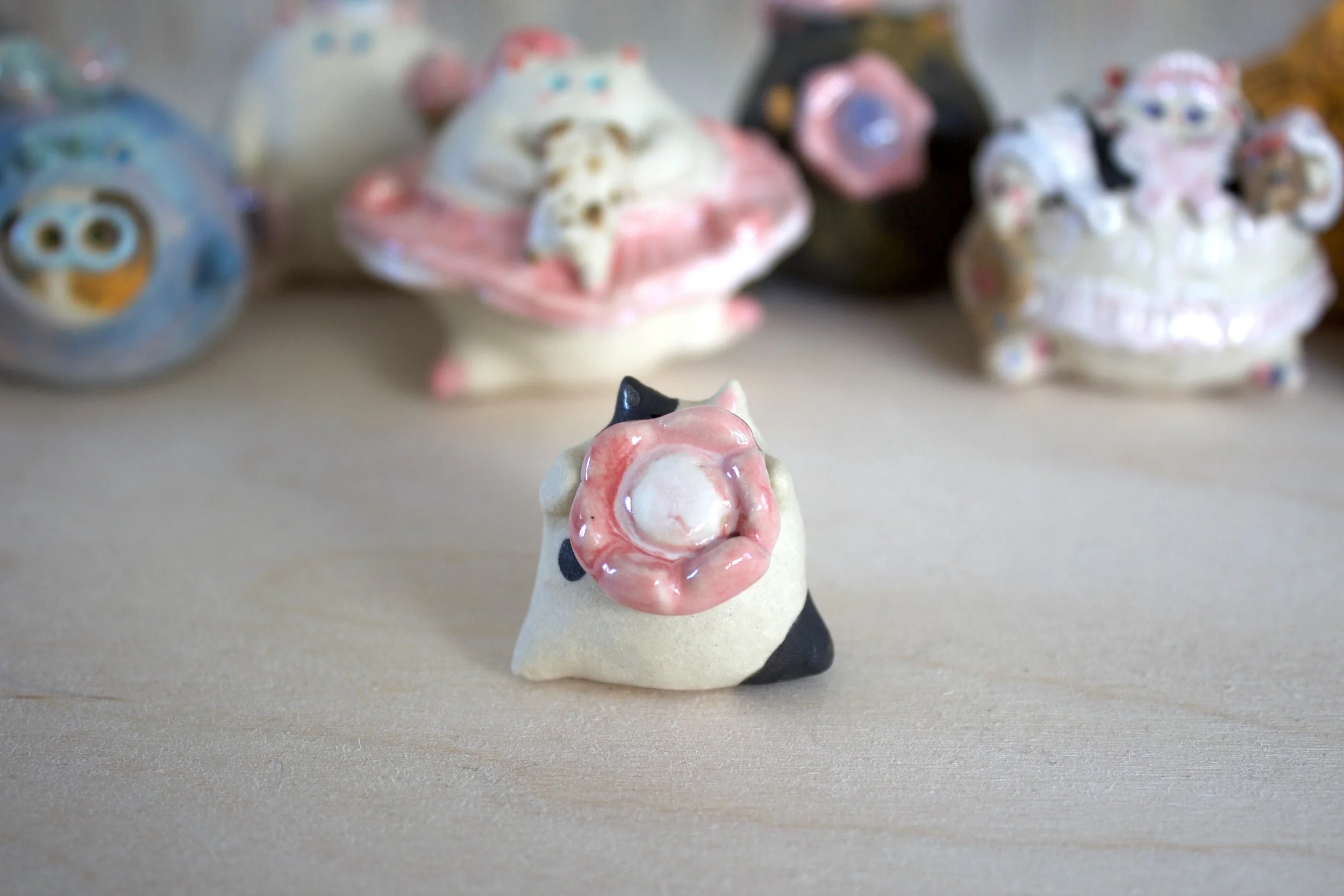 Black and White Chonky Cat with Flower – Handmade Cat Sculpture