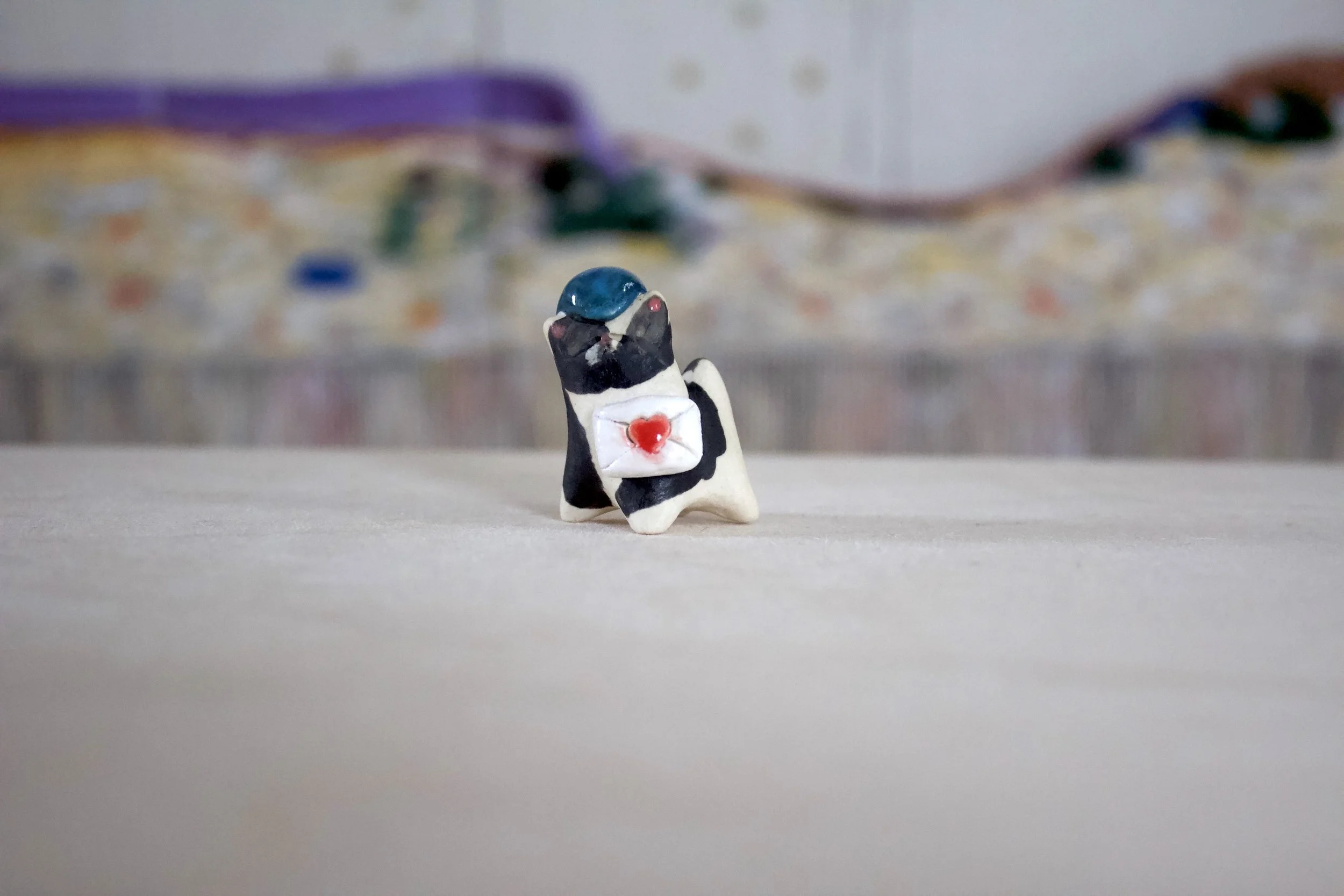 Black & White Cat Mail Cat with Love Letter - Cat Sculpture with Food Bowl