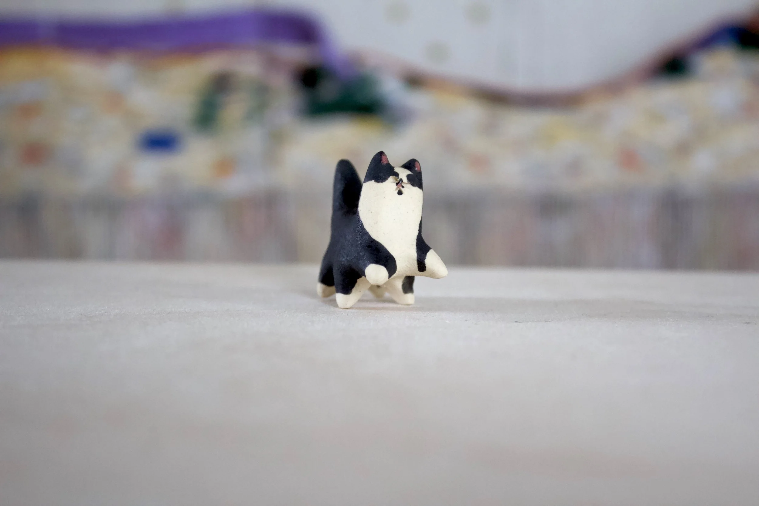 Tuxedo Cat Caterpillar - Cat Sculpture with Food Bowl