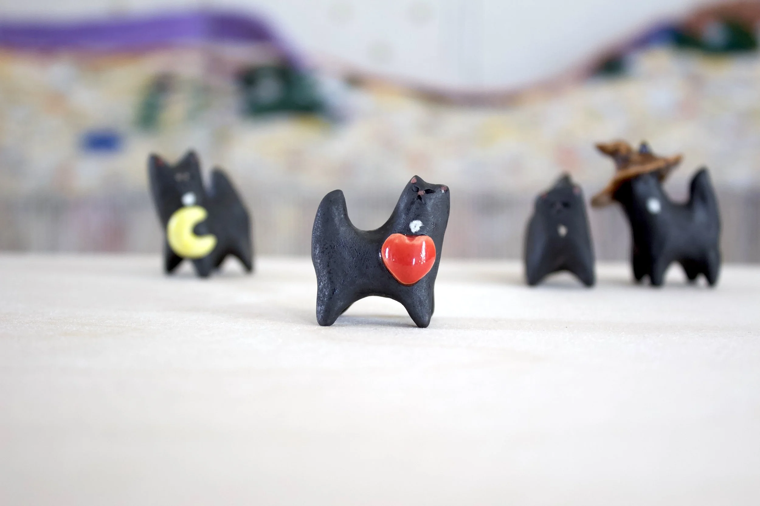 Black Cat with White Locket and Heart  - Themed Cat Sculpture