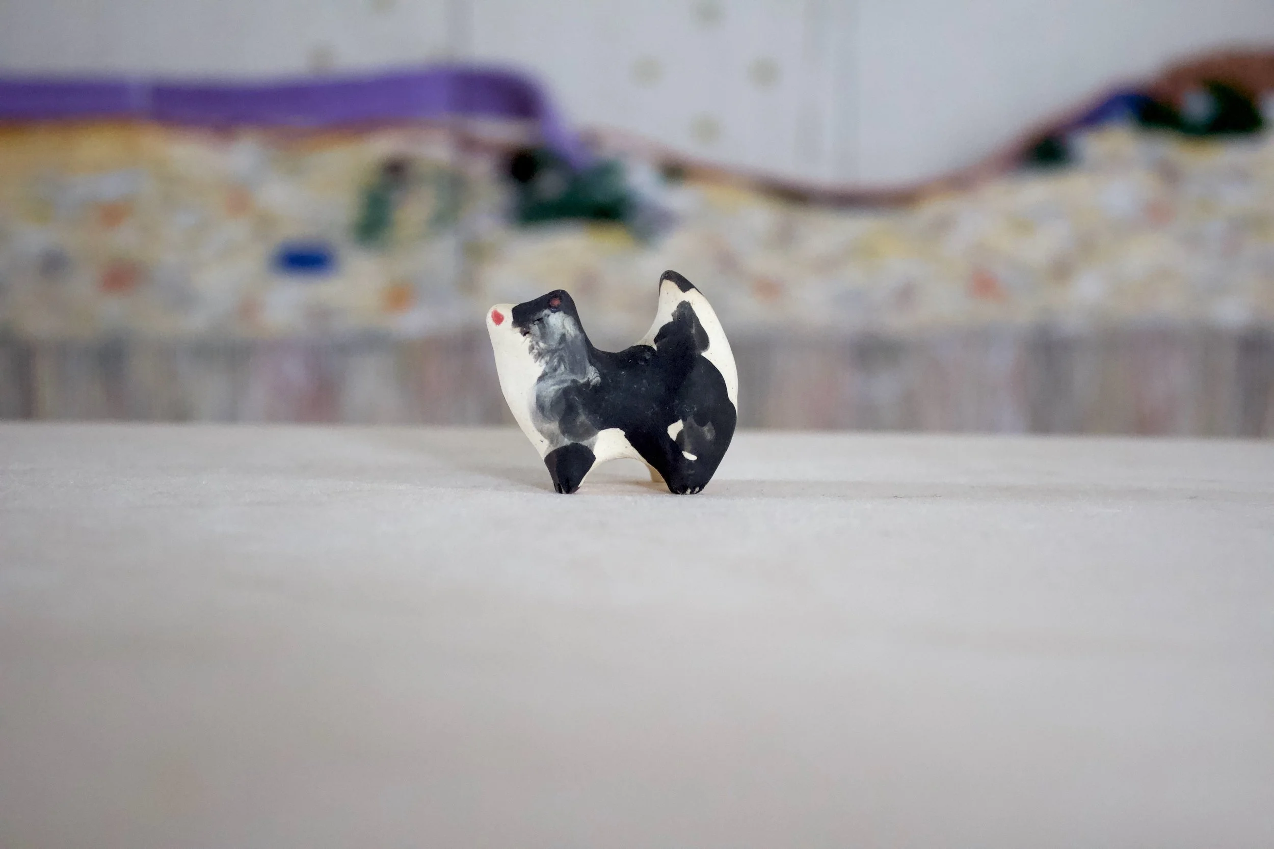 Black & White Cat No. C - Classic Cat Sculpture with Food Bowl