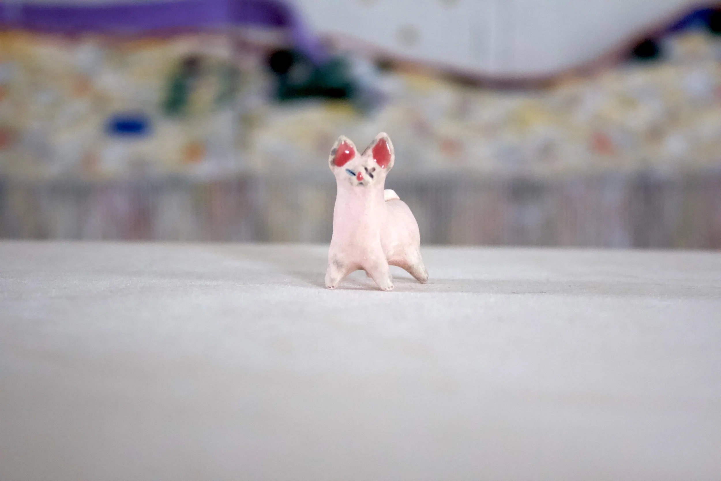 Sphynx Hairless Pink Cat with One Eye - Classic Cat Sculpture with Food Bowl