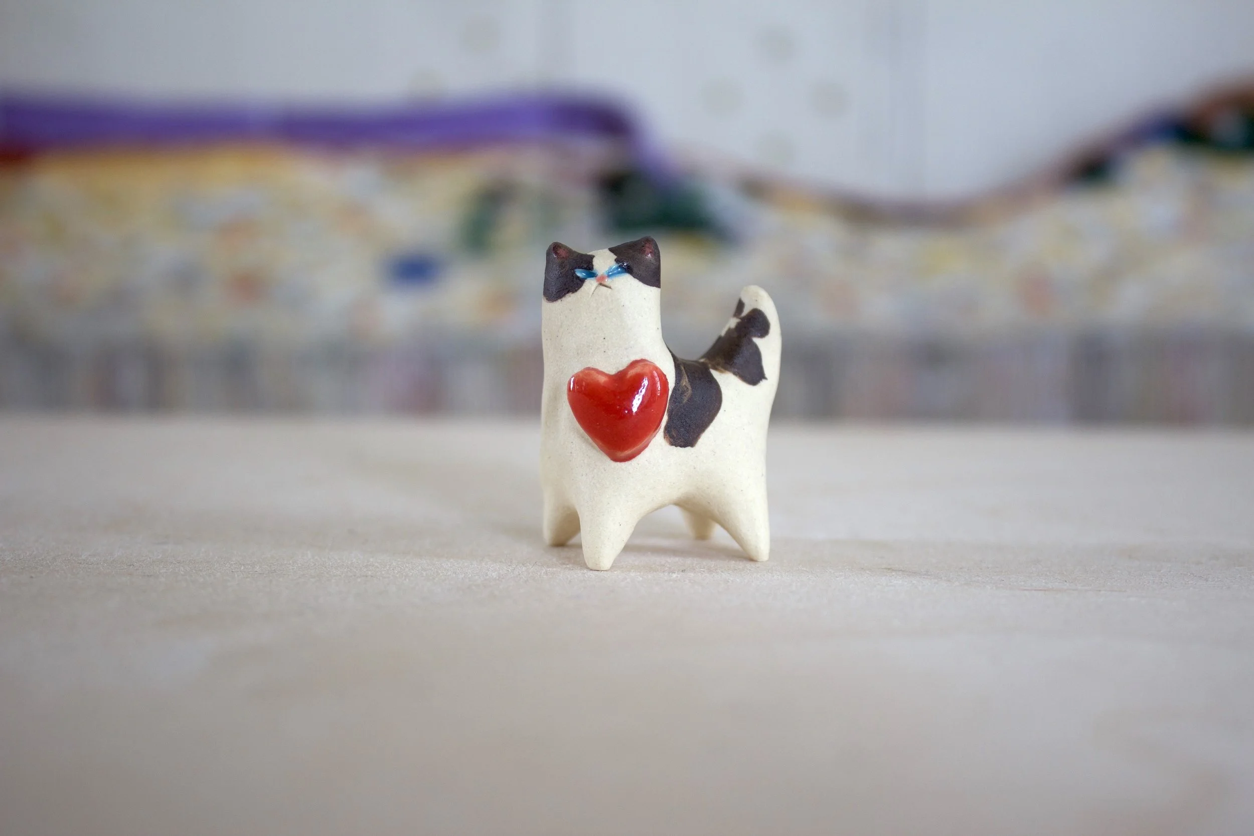 Brown & White Cat with Red Heart No. B - Cat Sculpture with Food Bowl