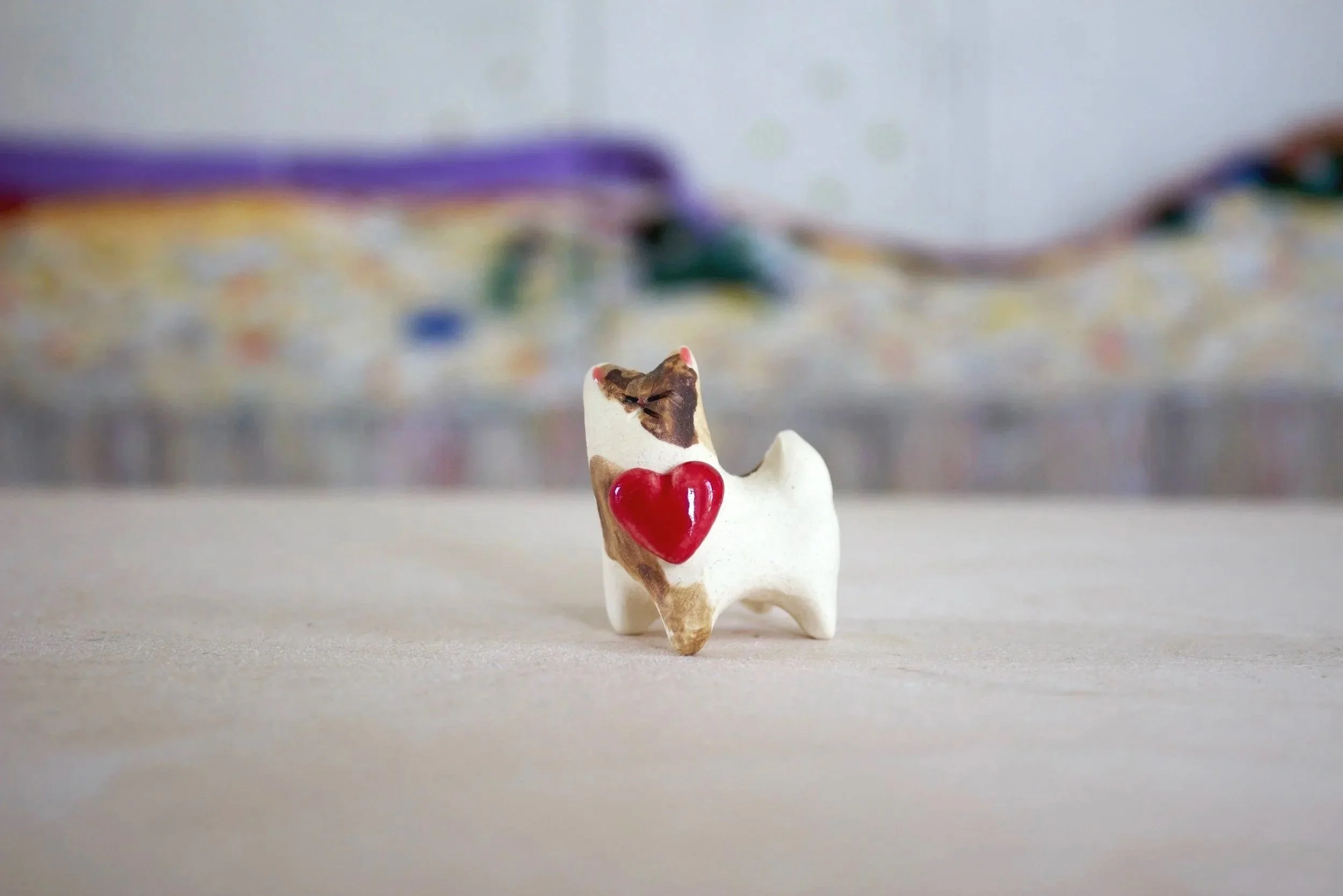 Brown & White Cat with Red Heart No. A - Cat Sculpture with Food Bowl