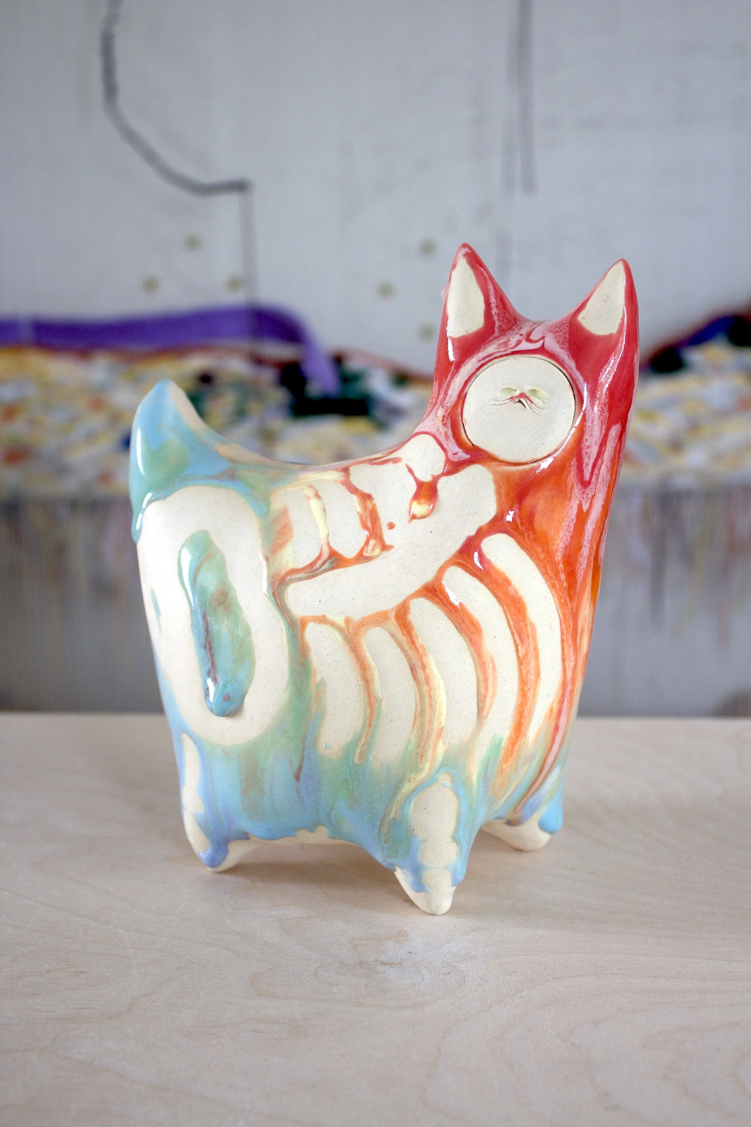 One-of-a-kind handmade XL ceramic Pastel Goo Skeleton White Cat viewed from the front.jpeg