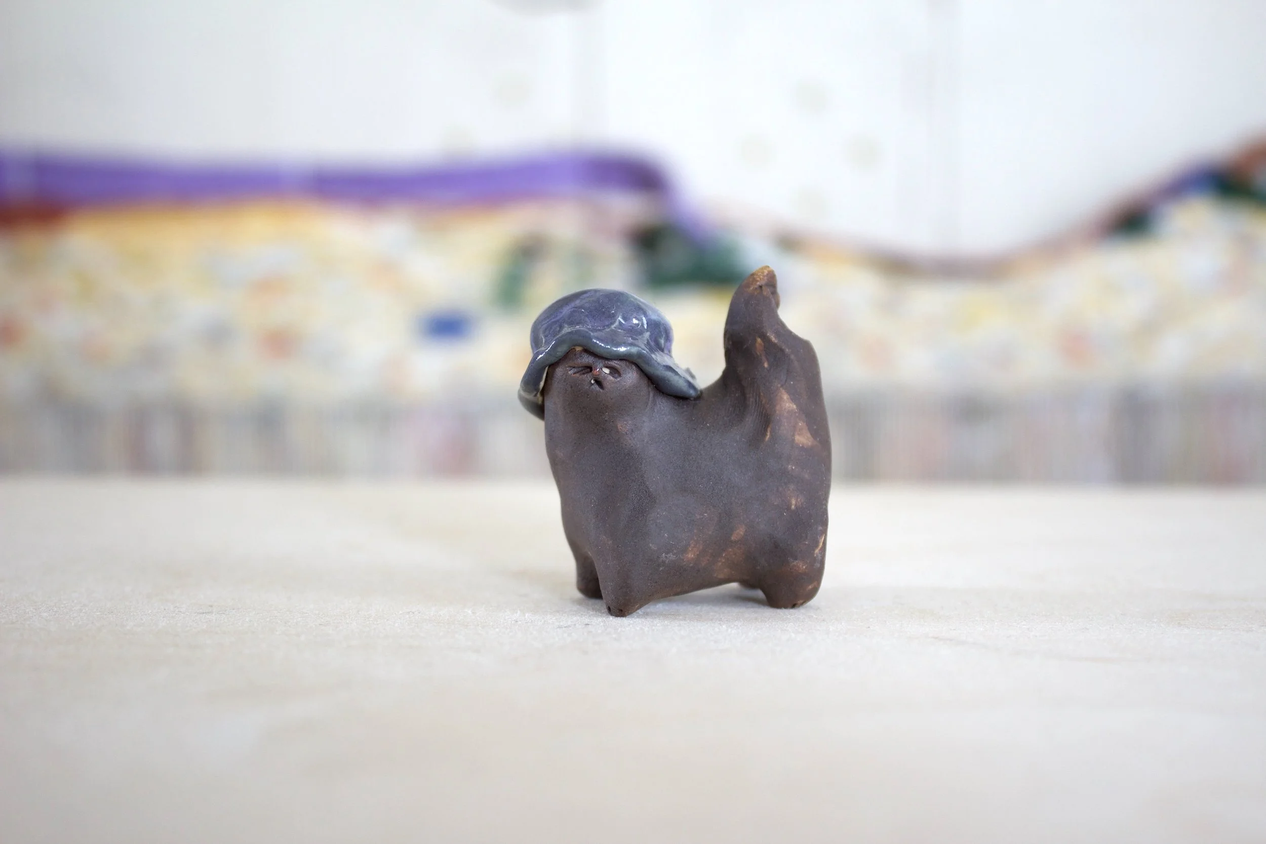 Brown Cat with Purple Bonnet - Cat Sculpture with Food Bowl