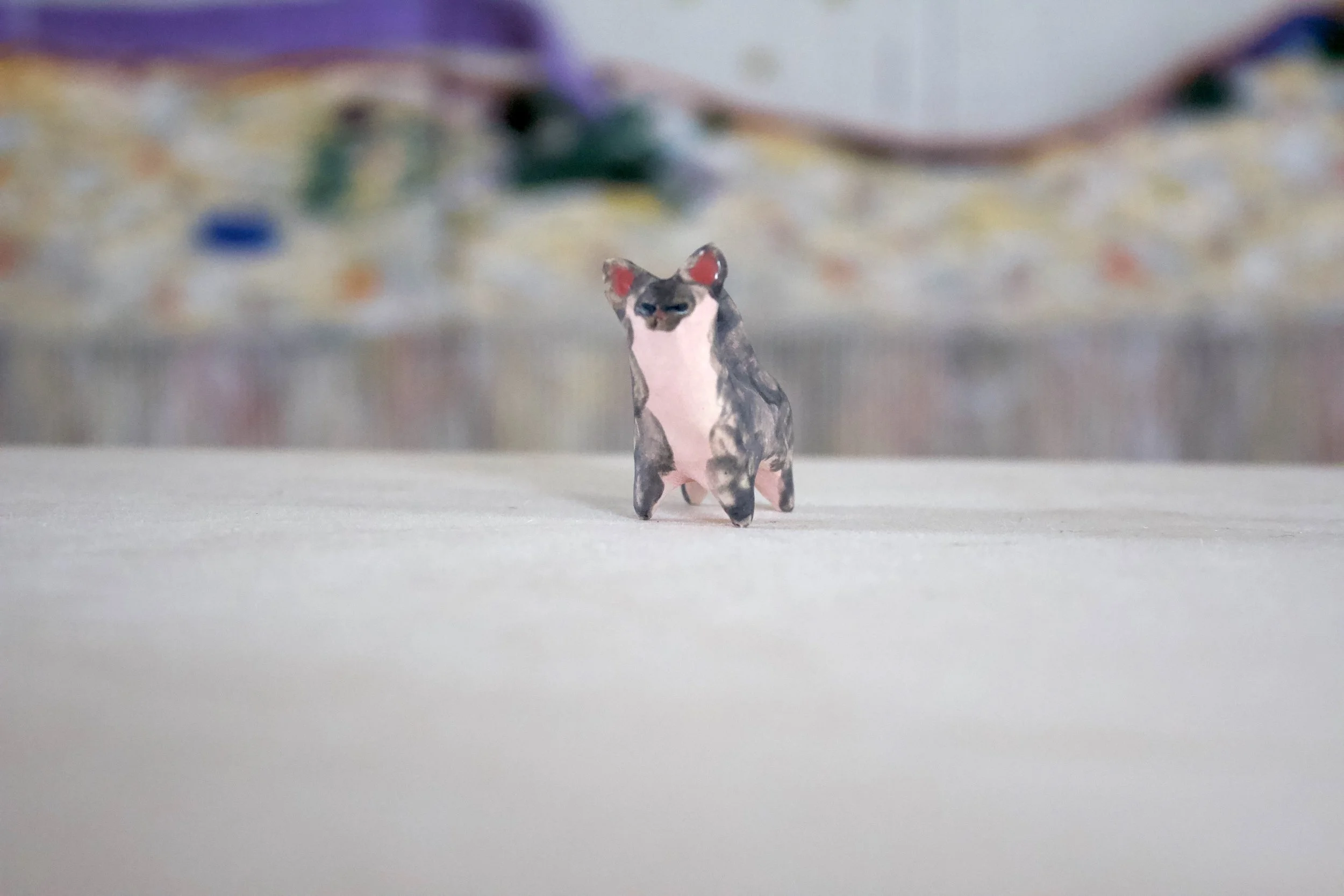 Sphynx Hairless Pink and Grey Cat - Classic Cat Sculpture with Food Bowl