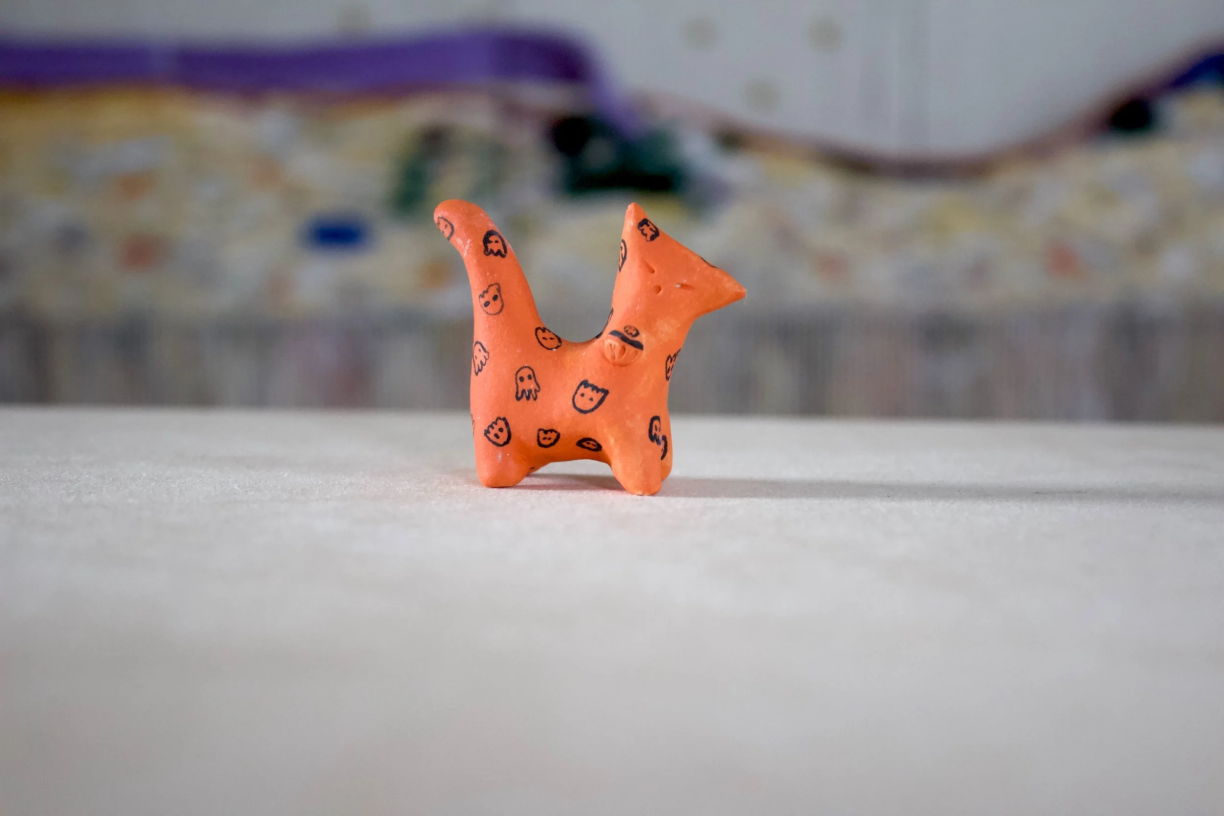 Orange Cat with Little Ghosts and a Bell - Classic Cat Sculpture with Food Bowl