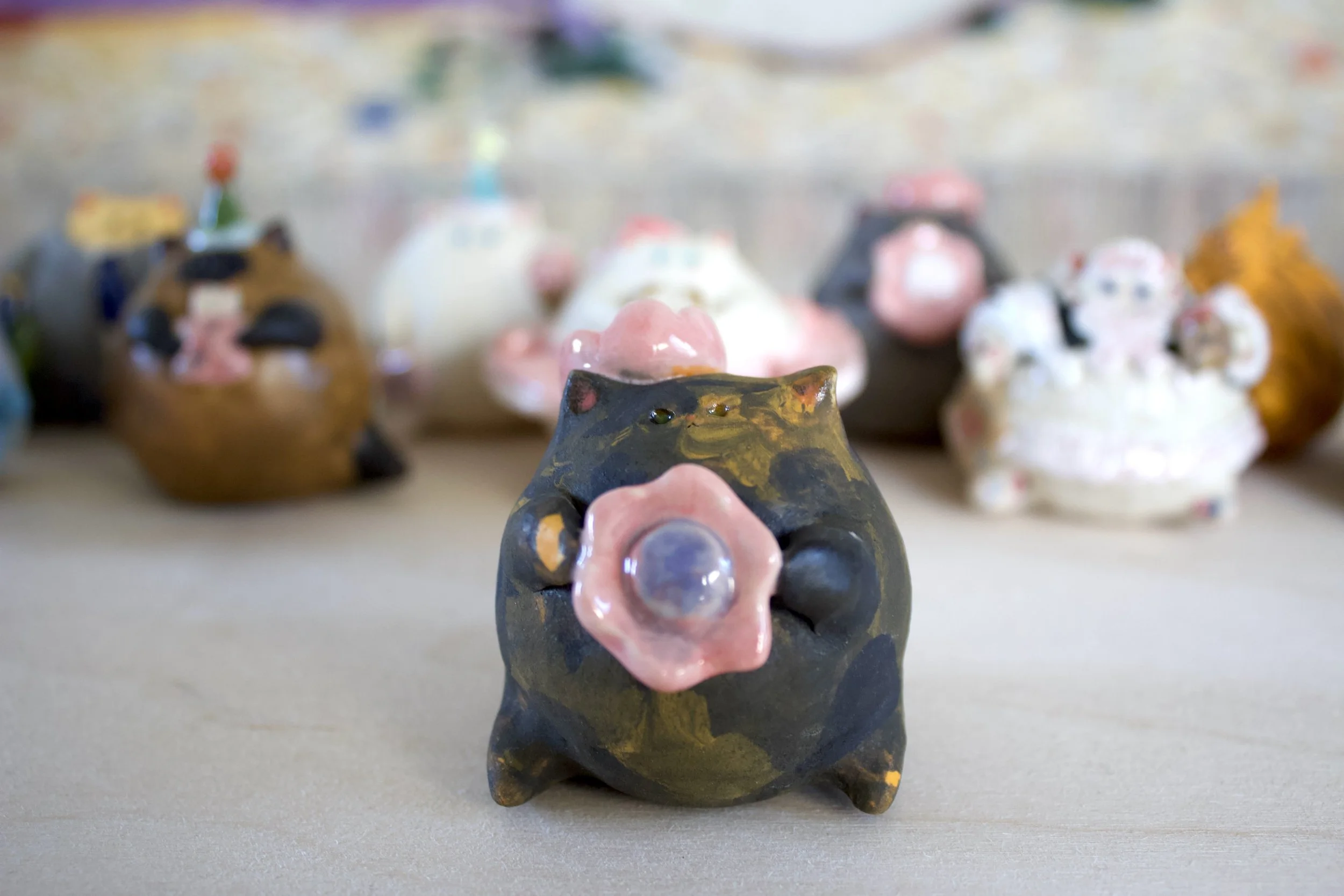 Pink Flower Tortoiseshell Cat - Super Chonk Handmade Cat Sculpture